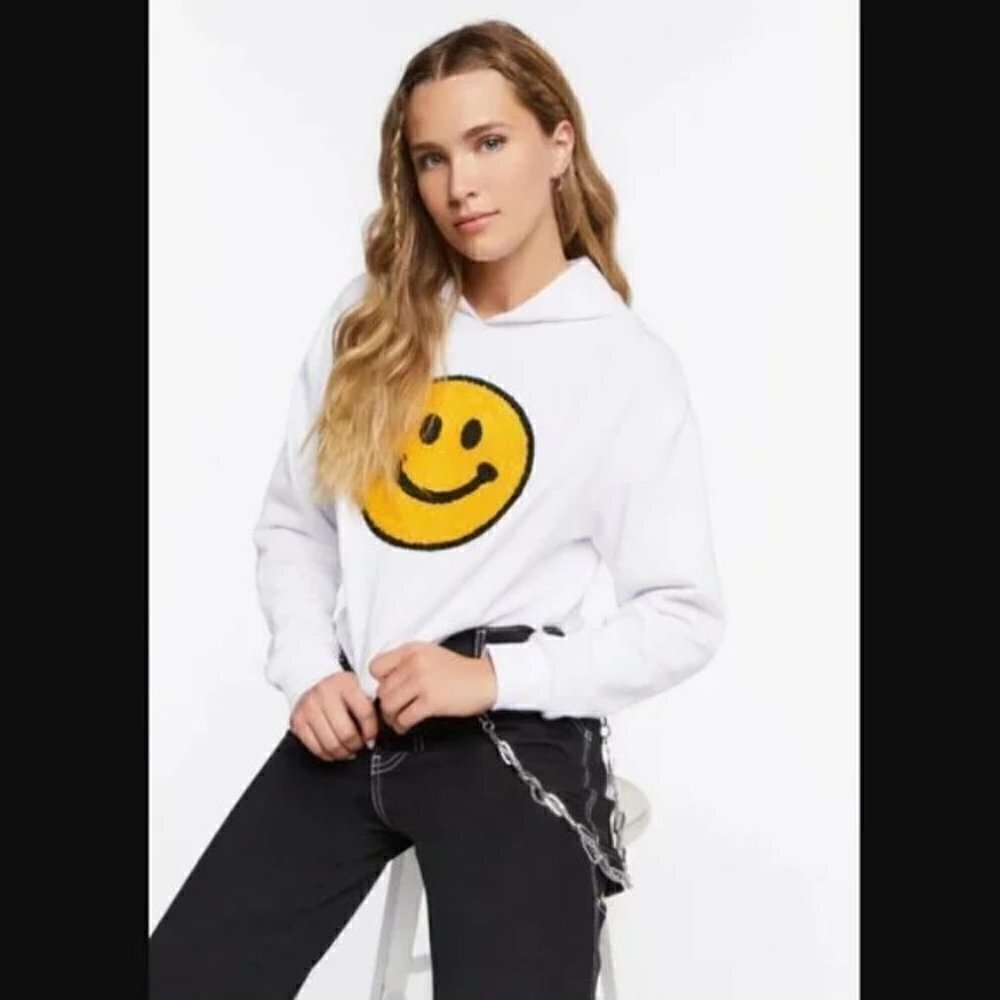 Forever 21 Happy Face Terrycloth Graphic Hoodie M NWT